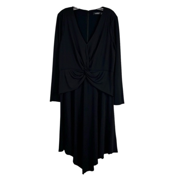 LAUREN RALPH LAUREN Black Twist Front Surplice Midi Dress V-Neck Long Sleeve 12 - Picture 6 of 7